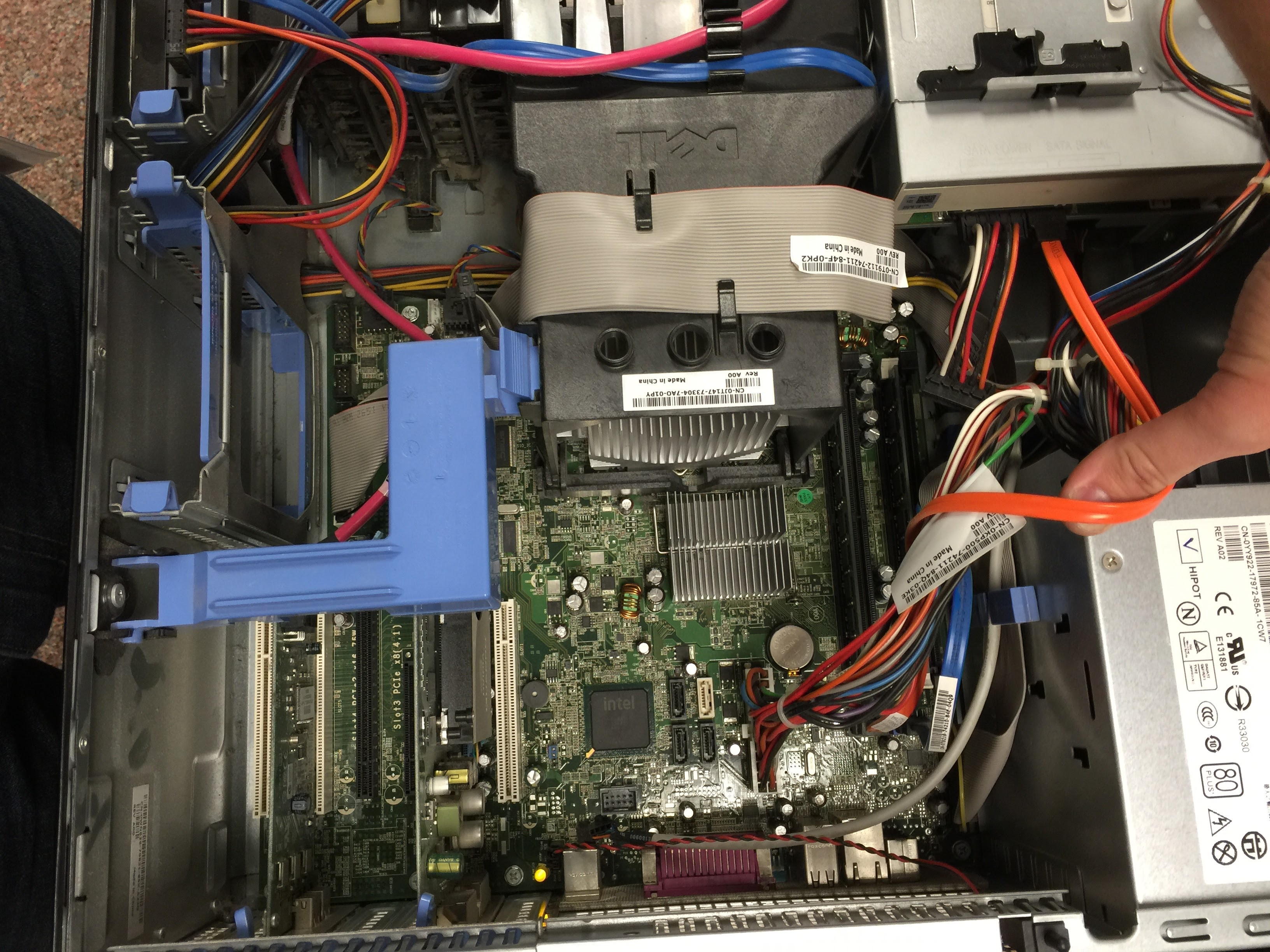 Angled view of a desktop computer motherboard
