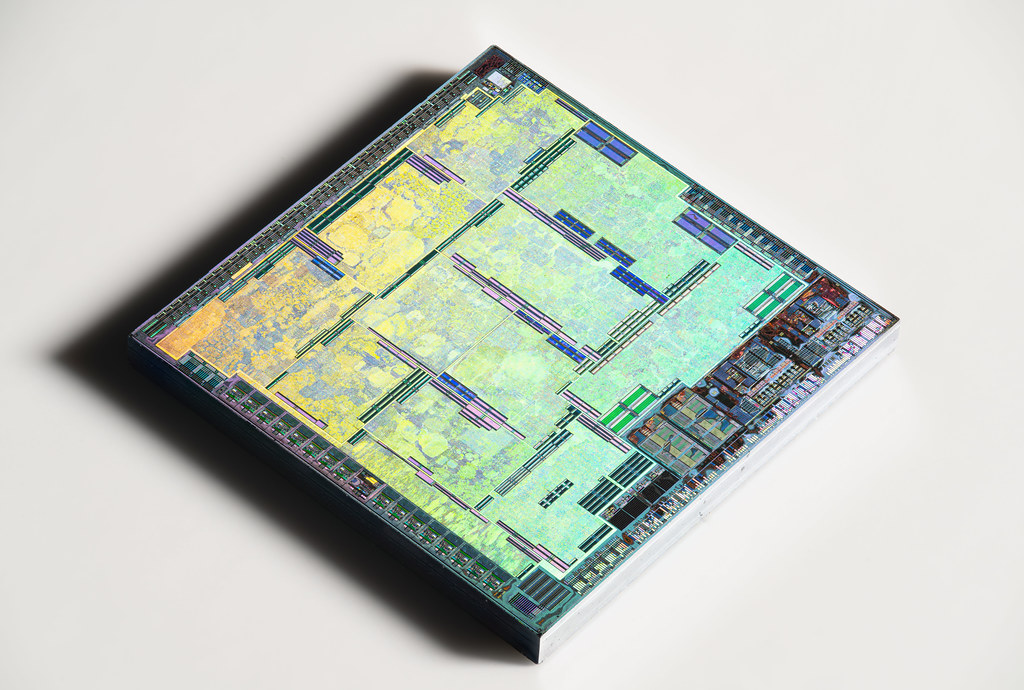 Close-up photo of a graphics processor die and package